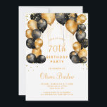 Modern 70th Birthday Party Black Gold  Invitation<br><div class="desc">Celebrate this milestone birthday with a modern sophisticated invitation! Featuring a black background adorned with shimmering gold balloons,  and sparkling gold glitter confetti. Personalize with your event details. Available in print,  as a digital download,  or both! You can add rounded corners for an extra touch of elegance.</div>