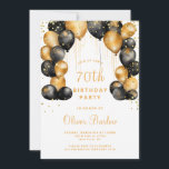 Modern 70th Birthday Party Black Gold  Invitation<br><div class="desc">Celebrate this milestone birthday with a modern sophisticated invitation! Featuring a black background adorned with shimmering gold balloons,  and sparkling gold glitter confetti. Personalize with your event details. Available in print,  as a digital download,  or both! You can add rounded corners for an extra touch of elegance.</div>