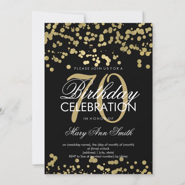 Modern 70th Birthday Party Gold Foil Confetti Invitation (Front)
