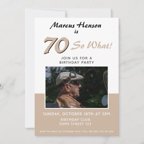 Modern 70th Birthday Party Photo Invitation - Modern 70th Birthday Party Photo Invitation. The invitation is in the beige and black colors. 70th birthday party invitation with a custom photo - add your photo and personalize with your information.