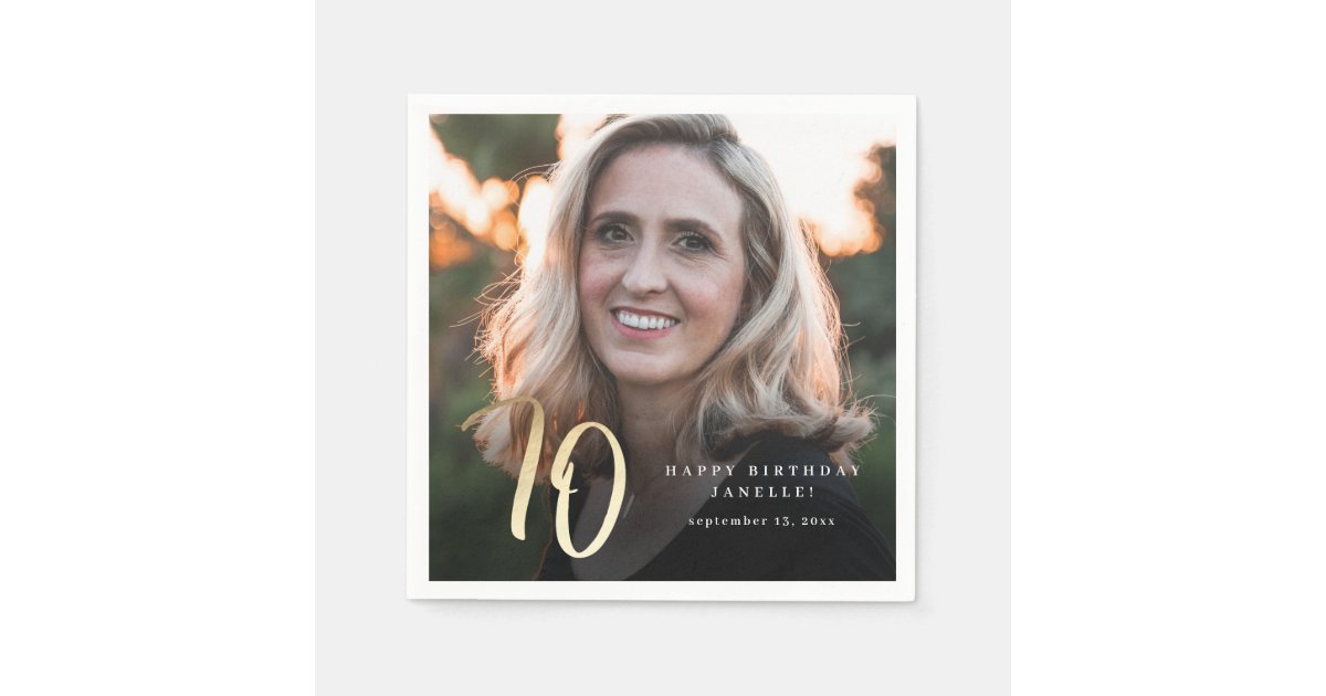 Modern 70th Birthday Photo Black & Gold Script Napkins | Zazzle