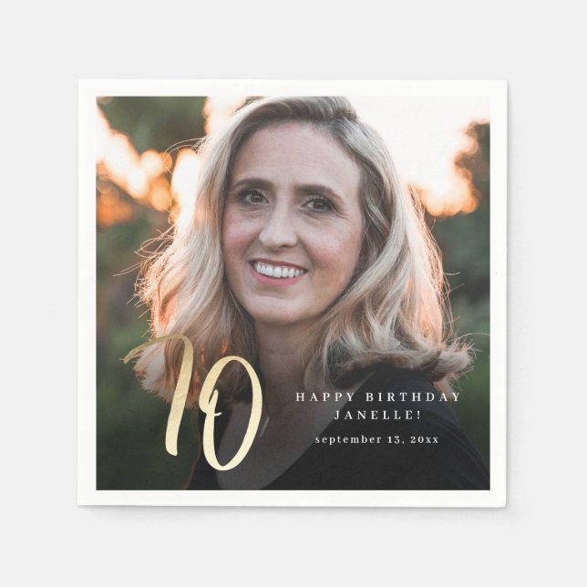 Modern 70th Birthday Photo Black & Gold Script Napkins (Front)