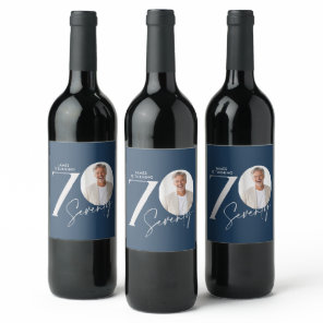 Modern 70th Birthday Photo Minimal Milestone Navy Wine Label
