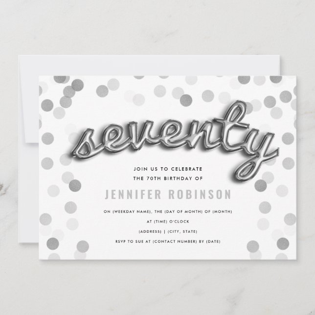 Modern 70th Birthday Silver Balloons Glitter Invitation (Front)