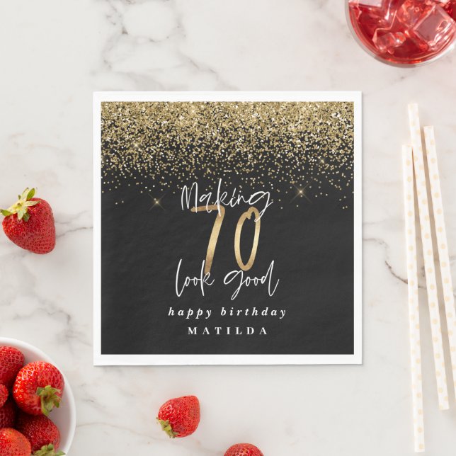 Modern 70th birthday typography gold glitter party napkins (Insitu)
