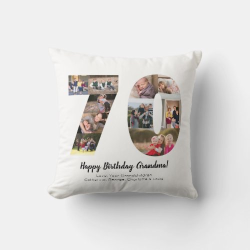 Modern 70th Number Photo Collage Custom Greeting Throw Pillow