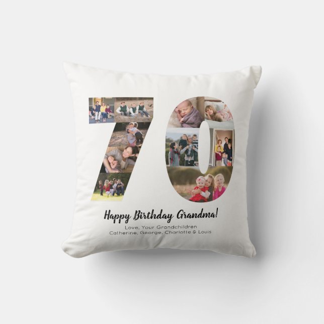 Modern 70th Number Photo Collage Custom Greeting Throw Pillow (Front)