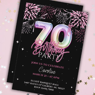 Modern 70th Pink Foil Balloon Fireworks Birthday Invitation