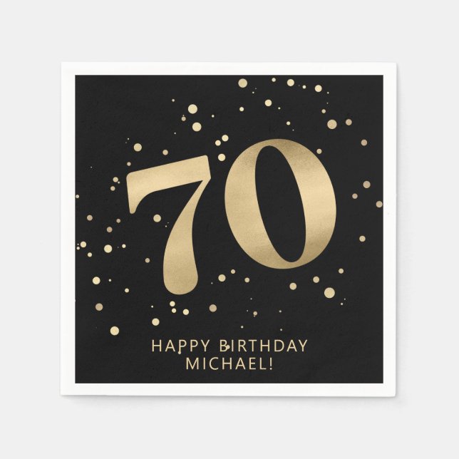 Modern 70th Seventy Birthday | Gold Black Glitter  Napkins (Front)