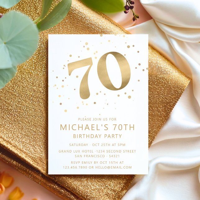 Modern 70th Seventy Birthday Gold Confetti Invitation (Creator Uploaded)