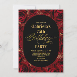  Modern 75th Birthday Elegant Black Gold Floral Invitation