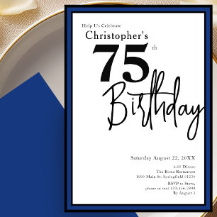 Modern 75th Birthday Invitation Elegant Black Blue