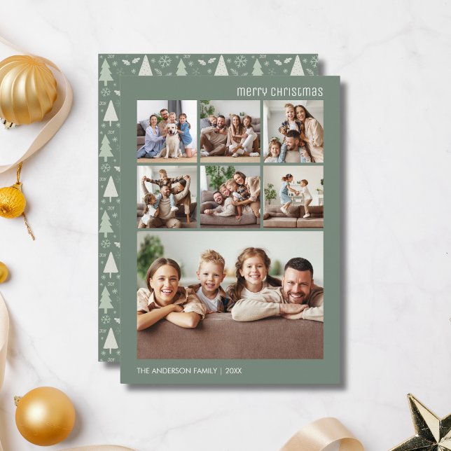 Modern 7 Family Photo Collage Christmas Sage Green Holiday Card (Modern 7 Family Photo Collage Christmas Sage Green Holiday Card)