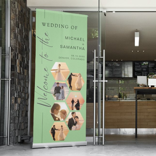 Modern 7 Hexagon Photo Wedding Welcome Green Retractable Banner (Creator Uploaded)