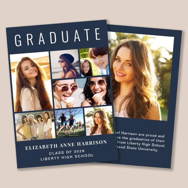 Modern 7 Photo Collage Blue Graduation Announcement (Cherish the milestone: share your graduate's achievement with a custom photo graduation announcement)