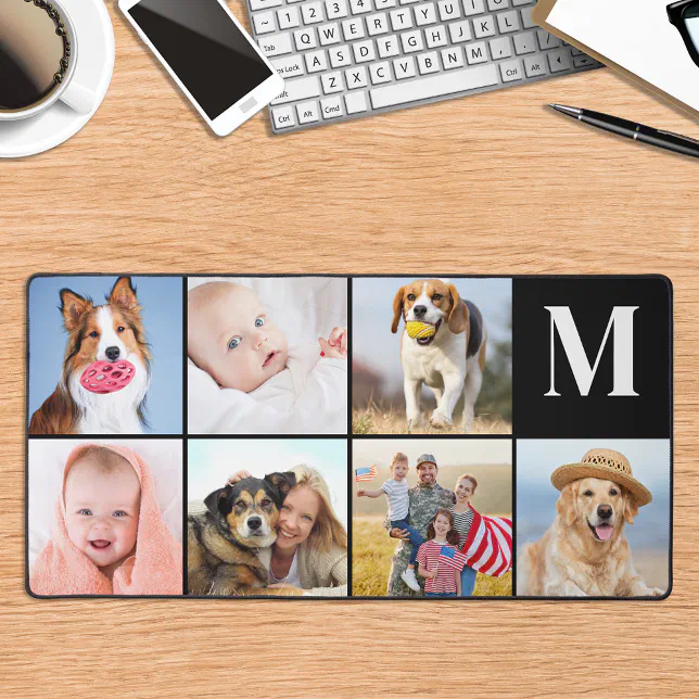 Modern 7 Photo Collage Custom Simple Monogram Desk Mat | Zazzle