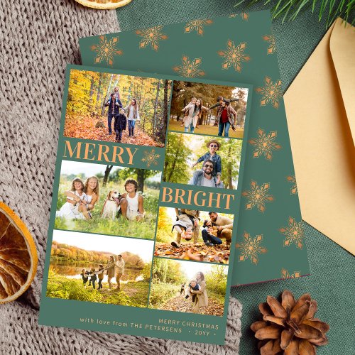 Modern 7 photo collage gold snowflake Christmas Holiday Card