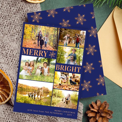 Modern 7 photo collage gold snowflake Christmas Holiday Card