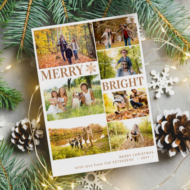 Modern 7 photo collage gold snowflake Christmas Holiday Card (Creator Uploaded)