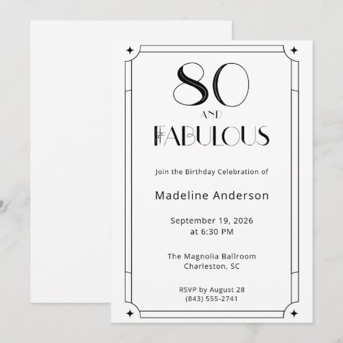 Modern 80 and Fabulous Black White 80th Birthday Invitation