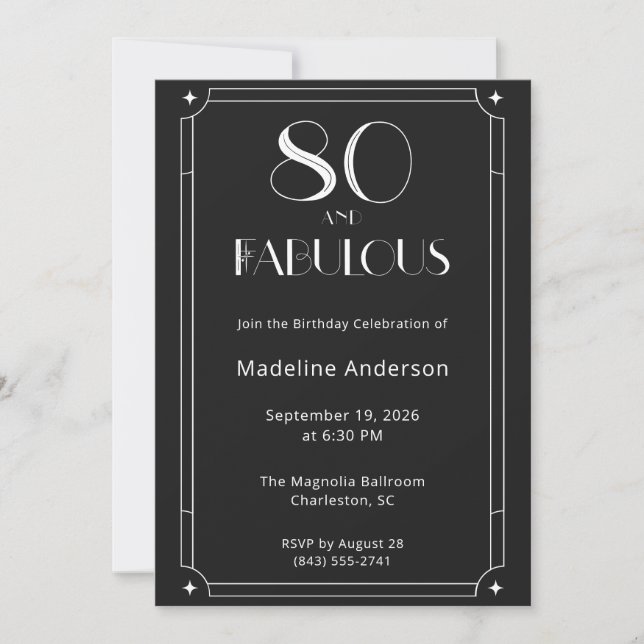 Modern 80 & Fabulous Black White 80th Birthday Invitation (Front)