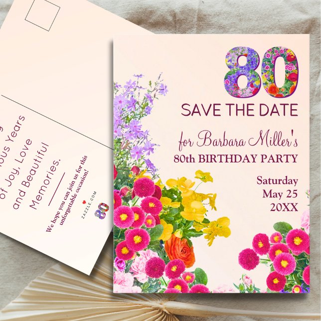 Modern 80 years party 80th birthday floral announcement postcard (Creator Uploaded)