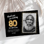 Modern 80th Adult Birthday Photo Thank You Card<br><div class="desc">Elegant eightieth birthday party thank you cards featuring a stylish black background that can be changed to any color,  a photo of the birthday girl / boy,  gold sparkly glitter,  eighty gold hellium balloons,  and a modern thank you template that is easy to personalize.</div>