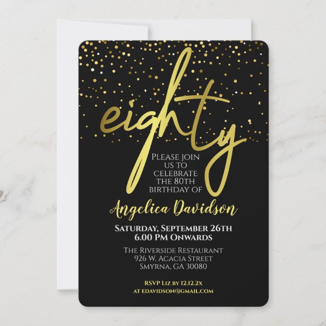Modern 80th Birthday Black Gold Invitation (Front)