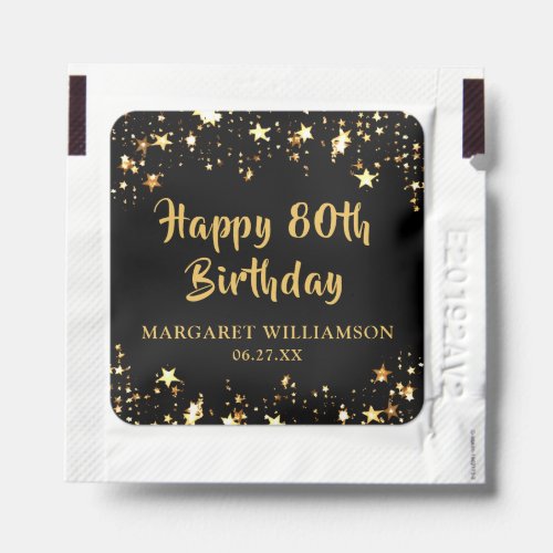 Modern 80th Birthday Black Gold Stars Favor Hand Sanitizer Packet - Celebrate any birthday with your personalized message (the sample text says HAPPY 80th BIRTHDAY along with name and date) to thank guests with these thoughtful party favor gifts designed in an editable black background color and gold text color with gold stars. CHANGES:  Change the colors or text font style by clicking CUSTOMIZE FURTHER. Contact the designer via Zazzle Chat or makeitaboutyoustore@gmail.com if you'd like this design modified, on another product or want coordinating items.