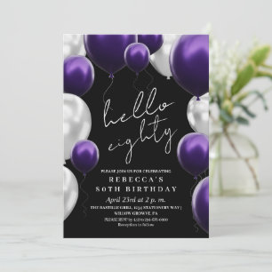 Modern 80th Birthday Black Silver Purple Balloons  Invitation