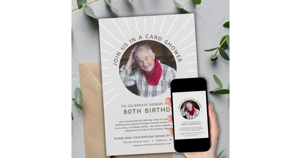 Modern 80th Birthday Card Shower Invitation | Zazzle
