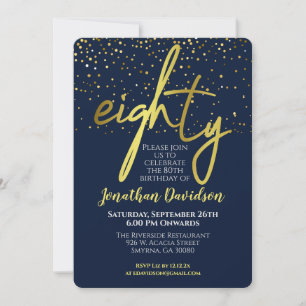 Modern 80th Birthday Navy Gold Invitation