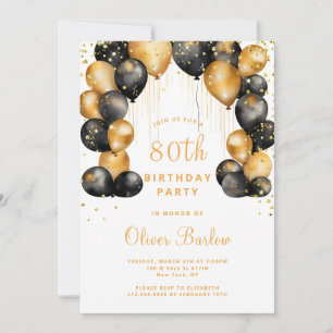 Modern 80th Birthday Party Black Gold Invitation