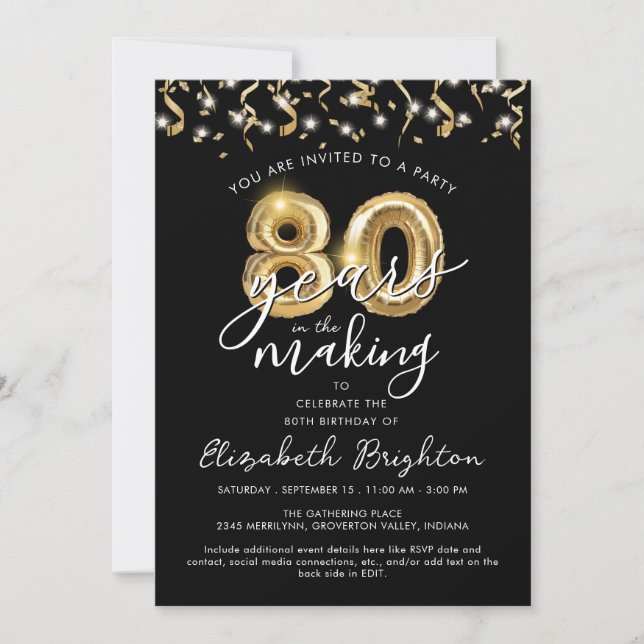 Modern 80th Birthday Script Balloon Streamers Invitation (Front)