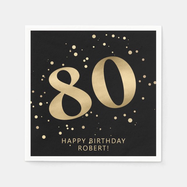 Modern 80th Eighty Birthday | Black Gold Glitter  Napkins (Front)
