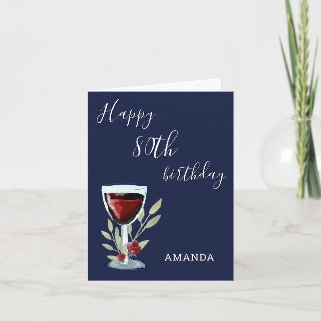 Modern 80th Happy Birthday Red Wine Navy Blue Card (Front)