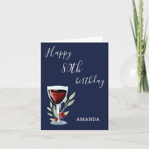 Modern 80th Happy Birthday Red Wine Navy Blue Card