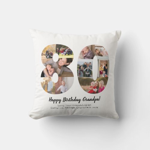 Modern 80th Number Photo Collage Custom Greeting Throw Pillow