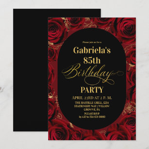 Modern 85th Birthday Elegant Black Gold Floral Invitation