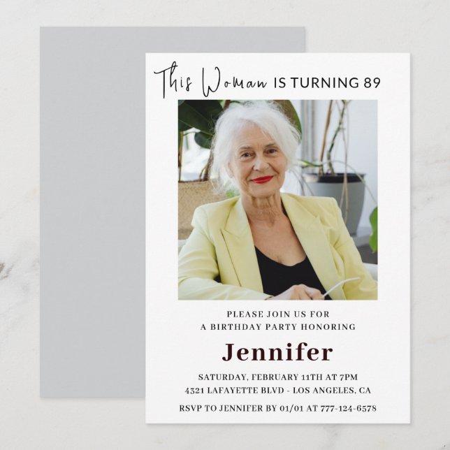 Modern 89th birthday invitations for her Photo (Front/Back)