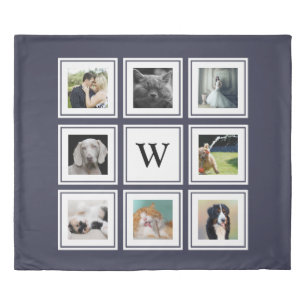 Modern 8 Family Photo Collage & Initial Letter Duvet Cover