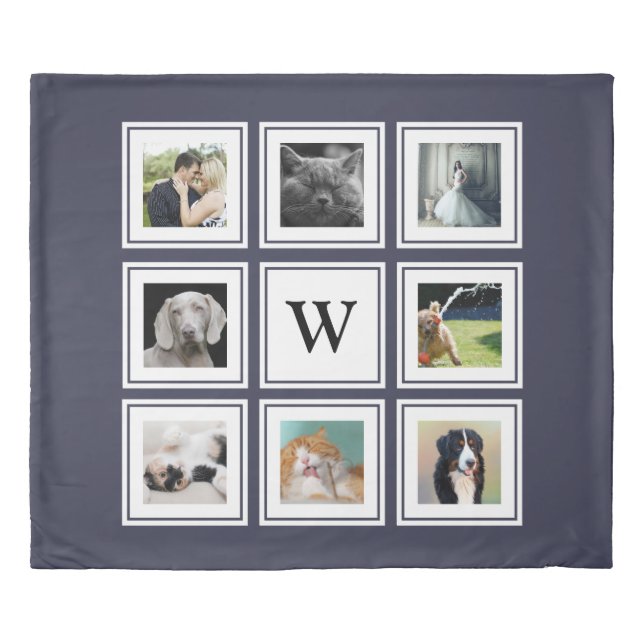 Modern 8 Family Photo Collage & Initial Letter Duvet Cover (Front)