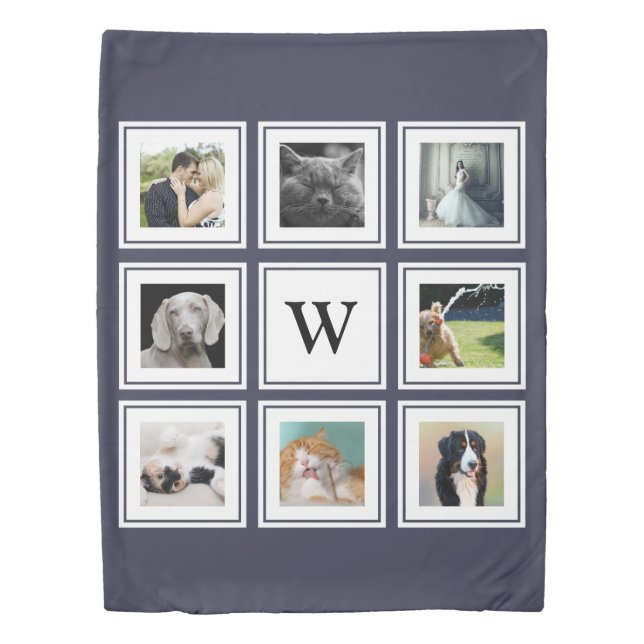 Modern 8 Family Photo Collage & Initial Letter Duvet Cover (Front)