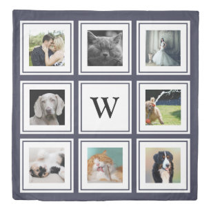 Modern 8 Family Photo Collage & Initial Letter Duvet Cover