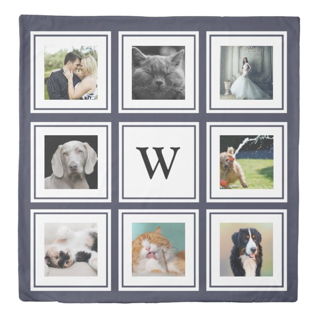 Modern 8 Family Photo Collage & Initial Letter Duvet Cover (Front)