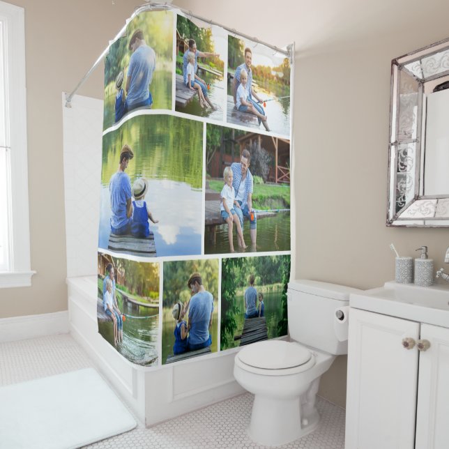 Modern 8 Family Photo Collage Shower Curtain (In Situ)