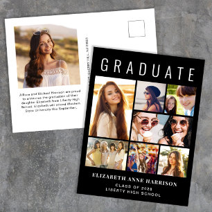 Modern 8 Photo Black Graduation Announcement Postcard