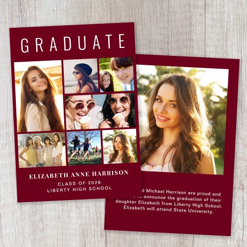 Modern 8 Photo Burgundy Graduation Announcement