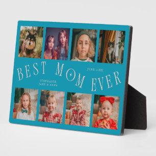 Modern 8 Photo Collage Best Mom Ever Aqua Peach Plaque