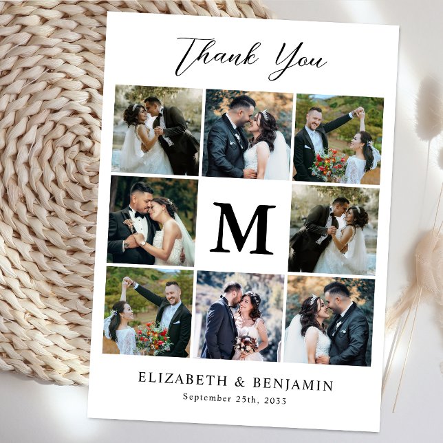Modern 8 Photo Collage Customized Monogram Wedding Thank You Card (Creator Uploaded)